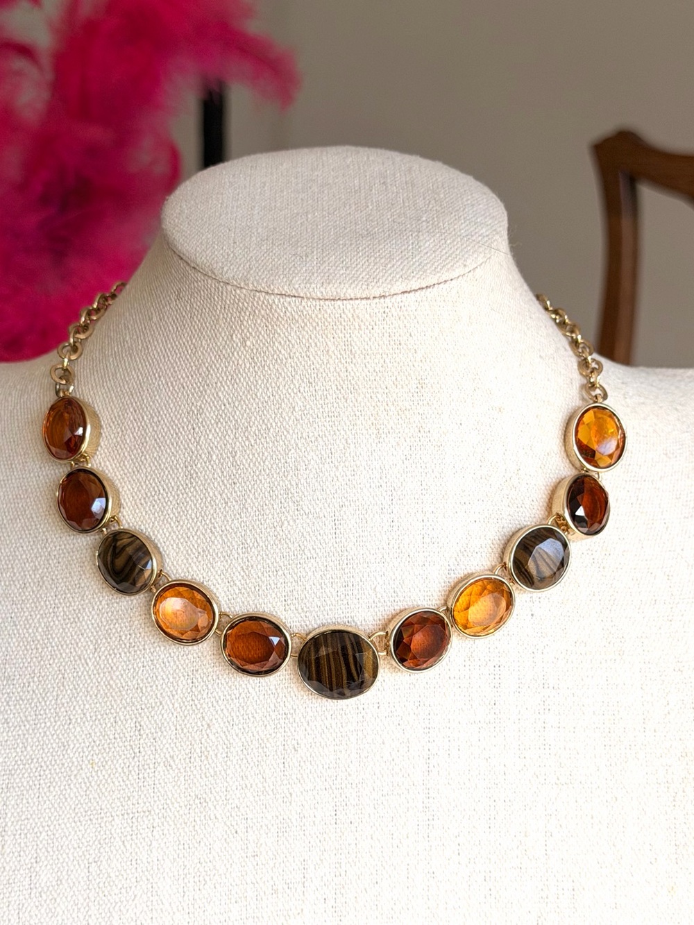 Gold Tone Amber Brown & Tiger Eye Look Faceted Statement Necklace
